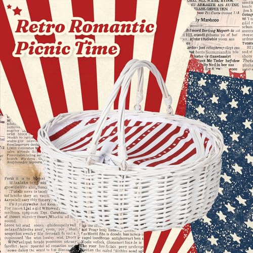 Wicker Picnic Basket with Insulated Lined Bag 15“ x 11” x 7“ Red, White Star Stripe Pattern, Iced Beer Insulated Bag for Camping, Picnics, Birthday Gifts, Wedding Gifts - color: Red and White Star Stripes
