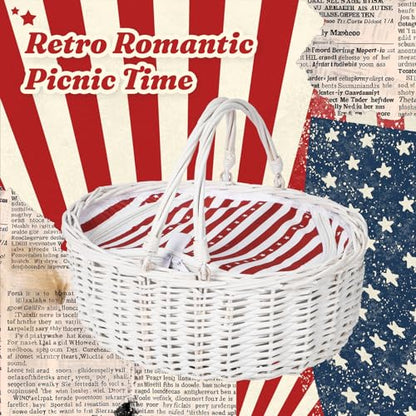 Wicker Picnic Basket with Insulated Lined Bag 15“ x 11” x 7“ Red, White Star Stripe Pattern, Iced Beer Insulated Bag for Camping, Picnics, Birthday Gifts, Wedding Gifts - color: Red and White Star Stripes