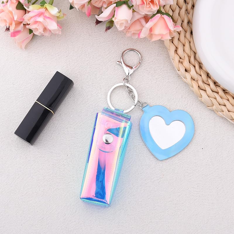 Sisadodo Glitter Lip Oil Holder Key Chains for Woman Lipstick Case with Mirror Lip Balm Keychain for Lipstick Case Keychain - color: Pv Blue-heart