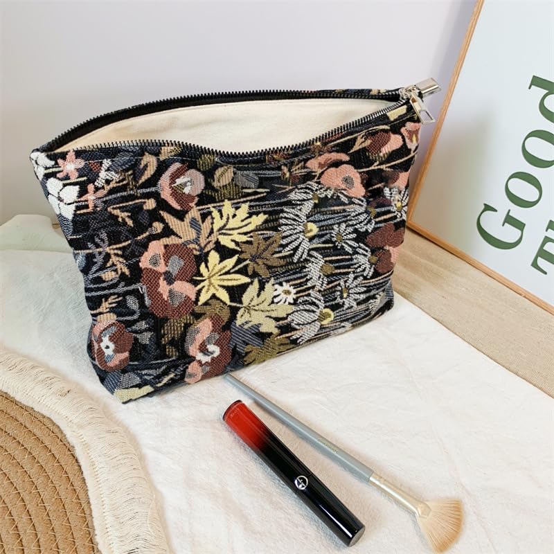 HAPPYHEIDI Cute Floral Makeup Bag Cosmetic Travel Pouch with Bottom and Zipper, Purse Make Up Organizer, Aesthetic Textured Fabric, Large - color: Classic Black Floral Large