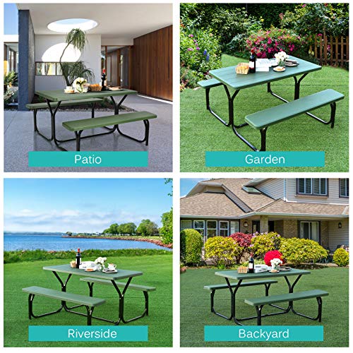 GYMAX Picnic Table, Picnic Bench Easy to Assemble w/All Weather Wood Grain Tabletop & Metal Frame, Picnic Tables for Outdoors Camping Backyard Deck Patio Poolside Dining Party - color: Green