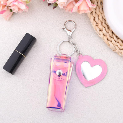 Sisadodo Glitter Lip Oil Holder Key Chains for Woman Lipstick Case with Mirror Lip Balm Keychain for Lipstick Case Keychain - color: Pv Pink-heart