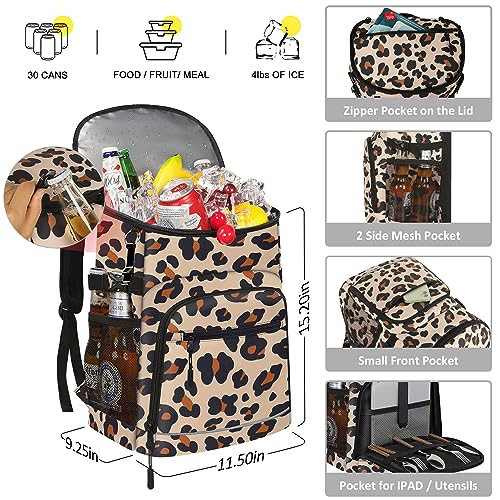 Cooler Backpack Insulated Leakproof Waterproof Backpack Cooler Bag 30/45 Cans, Large Capacity Lightweight Travel Camping Beach Backpack Cooler Ice Chest for Men and Women - color: leopard, size: 30 Cans