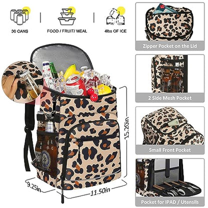 Cooler Backpack Insulated Leakproof Waterproof Backpack Cooler Bag 30/45 Cans, Large Capacity Lightweight Travel Camping Beach Backpack Cooler Ice Chest for Men and Women - color: leopard, size: 30 Cans