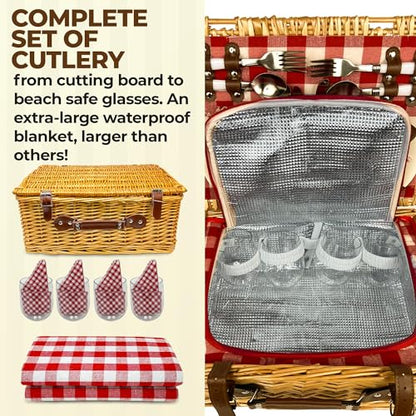 Nature Gear Picnic Basket, Wicker Basket with Handle for Outdoors, Insulated Woven Basket, Includes a Service Kit of Dinnerware & Wine Glasses, Picnic Basket Set for 4 with Blanket, Red & White - color: Red & White & Blanket