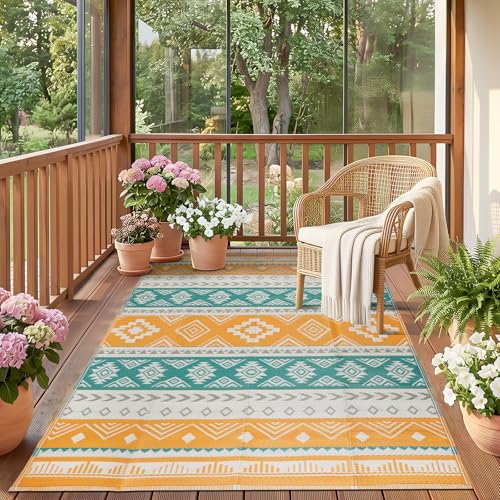 Outdoor Rug 5x8 ft Waterproof Reversible Plastic Straw Patio Camping Rug, Portable Indoor Outdoor RV Mat Carpet for Deck, Camper, Porch, Balcony, Backyard, Picnic, Yellow - color: Yellow, size: 5' x 8' (Rectangular)