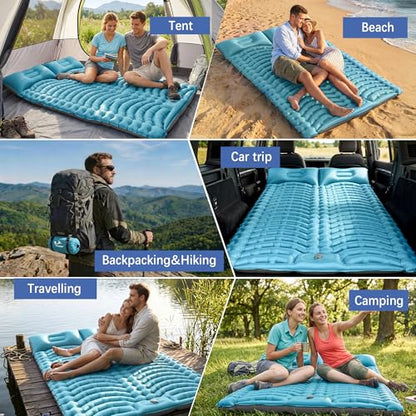 Double Sleeping Pad for Camping - Ultralight Camping Mattress with Pillow, Built-in Foot Pump, Compact Inflatable 2-Person Portable Mat for Backpacking, Hiking, Car Traveling, Beach, Tent - color: Light Blue