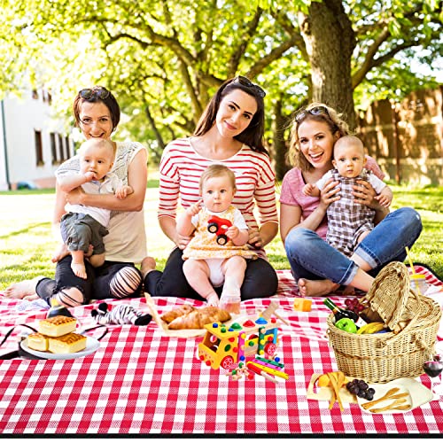 Extra Large Picnic Blanket, 80"x60" Waterproof Sandproof Beach Mat, Soft Foldable Outdoor Camping Mat with PU Carrier, Red White Plaid Portable Mat for Lawn, Grass, Travel & Park