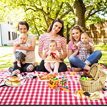 Extra Large Picnic Blanket, 80"x60" Waterproof Sandproof Beach Mat, Soft Foldable Outdoor Camping Mat with PU Carrier, Red White Plaid Portable Mat for Lawn, Grass, Travel & Park