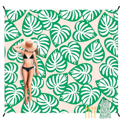 Beach Blanket Waterproof Sandproof, 9 Ft X 10 Ft Extra Large Sand Free Beach Mat, Big Compact Lightweight Quick Drying Picnic Blanket with 4 Stakes & Pockets for Camping, Travel, Hiking - color: Palm Leaf, size: 9x10 FT (1～8 Person)