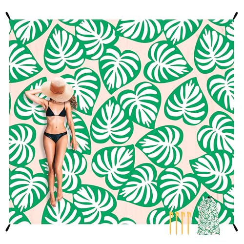 Beach Blanket, Waterproof Sandproof Beach Mat Lightweight Outdoor Picnic Blanket for Travel, Camping, Hiking - color: Palm Leaf, size: 6.6x7.2 FT (1～4 Person)