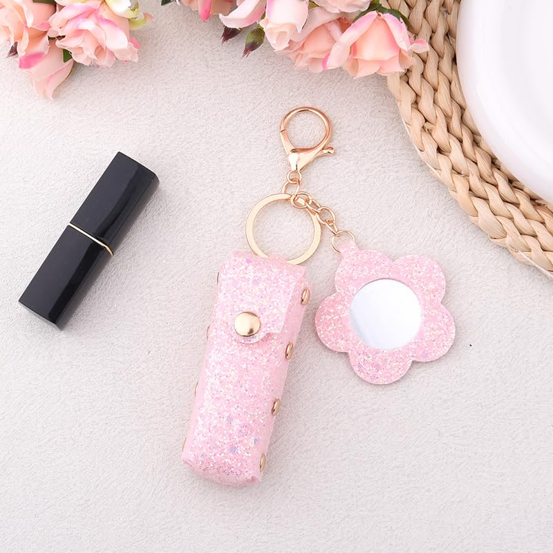 Sisadodo Glitter Lip Oil Holder Key Chains for Woman Lipstick Case with Mirror Lip Balm Keychain for Lipstick Case Keychain - color: Pink-flower