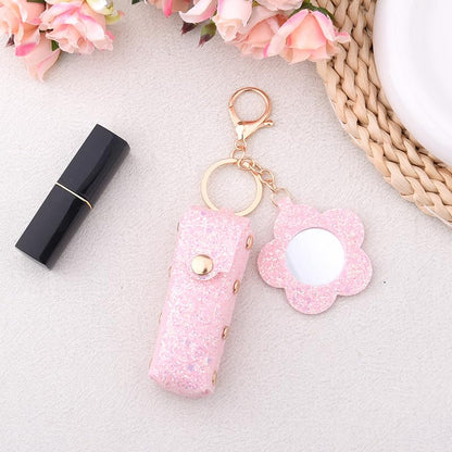Sisadodo Glitter Lip Oil Holder Key Chains for Woman Lipstick Case with Mirror Lip Balm Keychain for Lipstick Case Keychain - color: Pink-flower