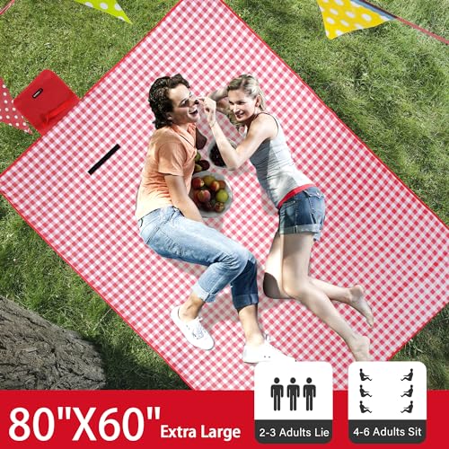 HX&OD Picnic Blanket Outdoor Extra Large Picnic Mat 80"X60" Camping Blanket Beach Blanket Foldable Waterproof Sand Mat Hiking Travel Family Concerts(Red) - color: Red, size: 80”x 60”