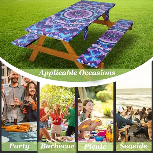 Picnic Table Cover with Bench Covers Vinyl Elastic Edges Fitted Rectangle Tables Seat Waterproof 3-Piece 96X30in Set Outdoor Rectangular Folding Backing Tablecloth Camping Over Size Mandala - color: Purple Mandala, size: 96in