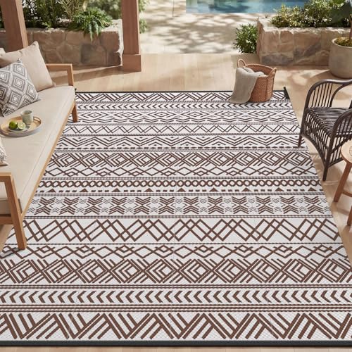 MontVoo Outdoor Rug 8x10 Waterproof Outdoor Patio Rug Mat Reverisble Plastic Straw Outdoor Rug for RV Camping Picnic Beach Balcony Boho Beige Brown - color: Beige Brown, size: 8' X 10' (Rectangular)
