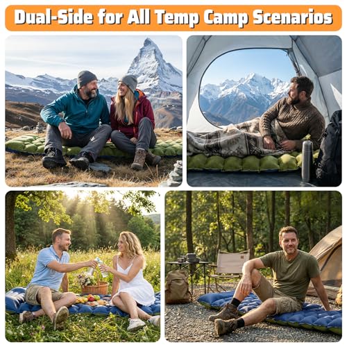 Camping Sleeping Pad, 4in Extra-Thick Inflatable Sleep Mat with Built-in Foot Pump & Pillow, Compact Camp Air Mattress for Backpacking, Hiking, Tent, Car, Travel Gear - color: Crystal Velvet Green+blue Nylon