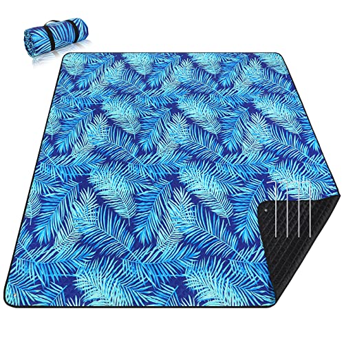 PY SUPER MODE Picnic Blankets Extra Large, Waterproof Foldable Outdoor Beach Blanket Oversized 83x79” Sandproof, 3-Layer Picnic Mat for Camping, Hiking, Travel, Park, Concerts(Blue Leaves) - color: Blue Leaves