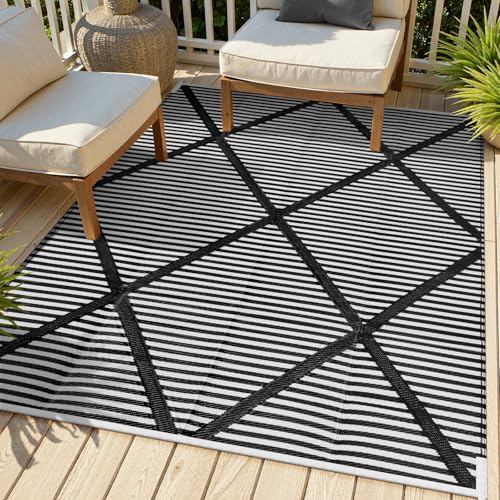 Lahome Waterproof Outdoor Rug 6x9, Reversible Plastic Straw Outdoor Patio Rugs for Camping, Rv Mats for Outside Porch Decor Backyard Camper Picnic, Black 6'x9' - color: Black Grey, size: 6' x 9' (Rectangular)