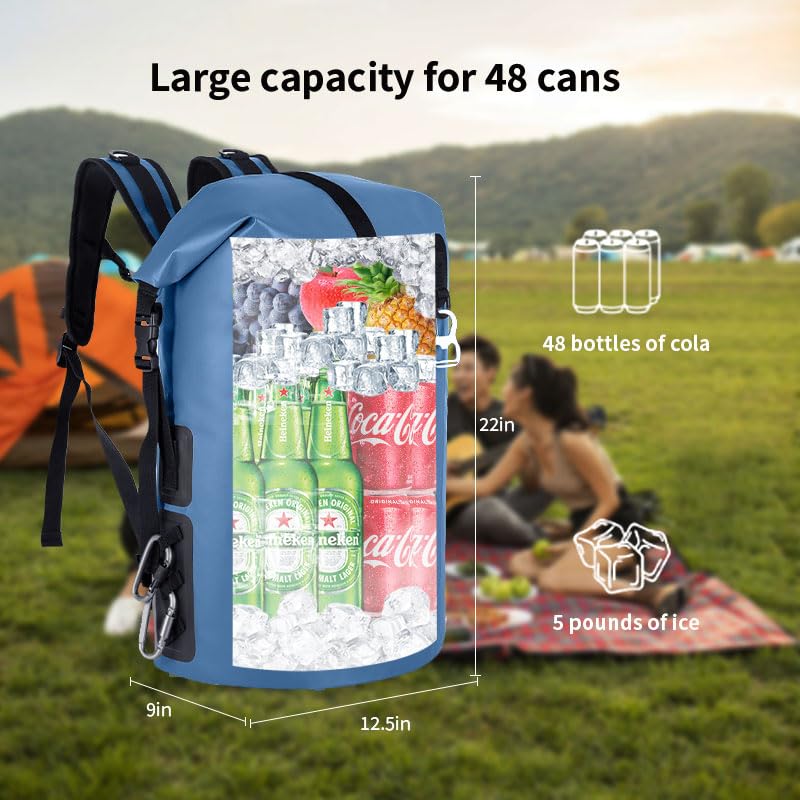 48cans Large Cooler Backpack Insulated Waterproof for Men Women Insulated Backpack Cooler Leak Proof Waterproof for 12 Hours Cooling for Camping Picnic Hiking Beach Travel Kayaking - color: Blue