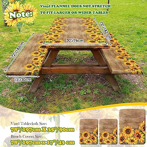 Boao 3 Pcs Vinyl Picnic Table Cover with Bench Cover 6 ft 30 x 72 Inch Waterproof Fitted Tablecloth Flannel Backing Rectangular Elastic Edged for Camping Outdoor Patio Travel(Retro Sunflower) - color: Retro Sunflower
