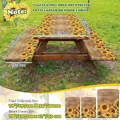 Boao 3 Pcs Vinyl Picnic Table Cover with Bench Cover 6 ft 30 x 72 Inch Waterproof Fitted Tablecloth Flannel Backing Rectangular Elastic Edged for Camping Outdoor Patio Travel(Retro Sunflower) - color: Retro Sunflower