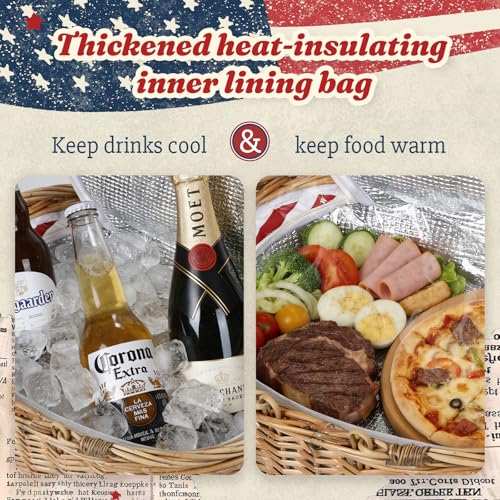 Wicker Picnic Basket with Insulated Lined Bag 15“ x 11” x 7“ Red, White Star Stripe Pattern, Iced Beer Insulated Bag for Camping, Picnics, Birthday Gifts, Wedding Gifts - color: Classic Red & White Stripes