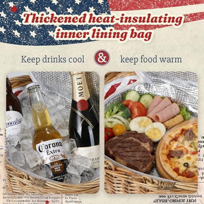 Wicker Picnic Basket with Insulated Lined Bag 15“ x 11” x 7“ Red, White Star Stripe Pattern, Iced Beer Insulated Bag for Camping, Picnics, Birthday Gifts, Wedding Gifts - color: Classic Red & White Stripes