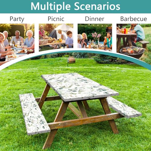 Picnic Table Cover with Bench Covers and Bag, Camping Essentials, Eucalyptus Leaves Outdoor Table Covers, Waterproof Windproof, Fitted Tablecloth Cover with Elastic Edge, 3 PCS, 30x72 Inch - color: Eucalyptus Leaves, size: 30" x 72"