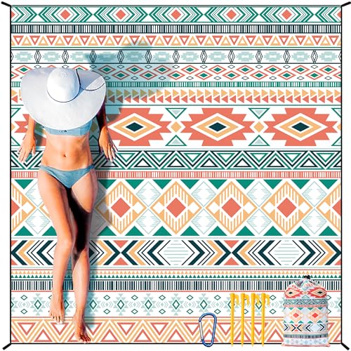 HIHOHO Beach Blanket Waterproof Sandproof Extra Large Beach Mat 79" X 83"/120"x108"for 1-8 Adults Quick Drying Durable Outdoor Picnic Mat for Beach Travel Camping Hiking - color: Bohemian-green Orange, size: 79" X 83"（1~3 person）