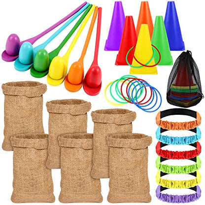 Sumind 40 Pcs Outdoor Games Burlap Potato Sack Race Bags Field Day Games Legged Race Bands Egg and Spoon Outdoor Picnic Carnival Lawn Backyard Activities for Adults Kids