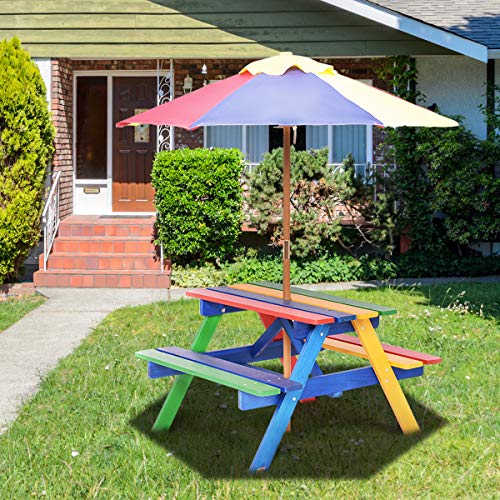 Costzon Kids Picnic Table Set, Colorful Wood Picnic Table and Benches with Removable/Folding Umbrella, Children Rainbow Bench Outdoor Patio Set