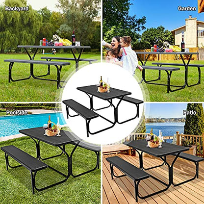 S AFSTAR Picnic Table, 59” Plastic Picnic Table with Benches, Steel Frame & Wood-Like Texture Tabletop, Expanded Rectangular Camping Table Chair Set for Garden Patio Lawn Deck (Black) - color: Black