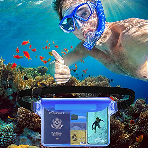 AiRunTech Waterproof Pouch with Waist Strap (2 Pack) | Beach Accessories Best Way to Keep Your Phone and Valuables Safe and Dry | Perfect for Boating Swimming Snorkeling Kayaking Beach Pool Water Park - color: Blue + Pink