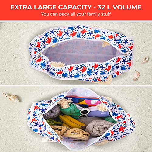 Beach Bag and Pool Bag Has Cooler Pocket, 7 Pockets Total, Zip Top. Family Size Waterproof Beach Tote - color: Underwater World