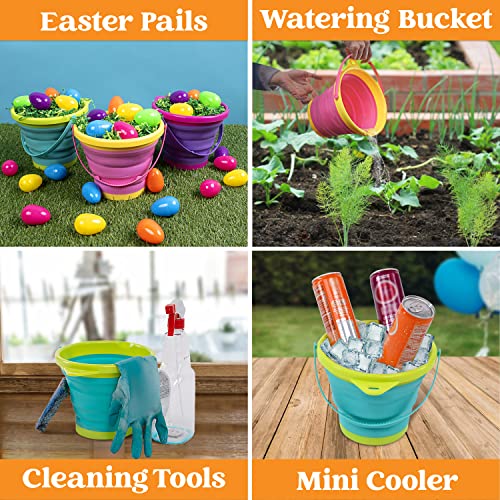 JOYIN Foldable Beach Bucket Set - 3 Packs Collapsible Toy Buckets with Shovels and Mesh Backpack for Kids Toddlers Party, Camping Gear, Travelling, Fishing Water Pail (Pink/Purple/Green) - color: Pink/Purple/Green
