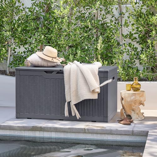 Devoko 97 Gallon Deck Box, Waterproof Resin Outdoor Storage Box for Outside and Patio, Large Outdoor Storage Bench Cabinet Lockable for Patio Furniture, Garden Tools and Pool Supplies (Gray) - color: Grey, size: 97 Gallon 1 Pack