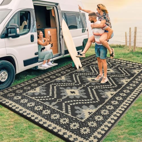 GarveeHome Outdoor Rug 9x18 Waterproof Reversible Mat Vintage Diamond Camping Rugs Indoor Outdoor Rugs Carpet Large Area Rug Plastic Straw Rug for Patio Deck Balcony Pool RV Camping, Black and Coffee - color: Border Black/Coffee, size: 9' x 18' (Rectangul
