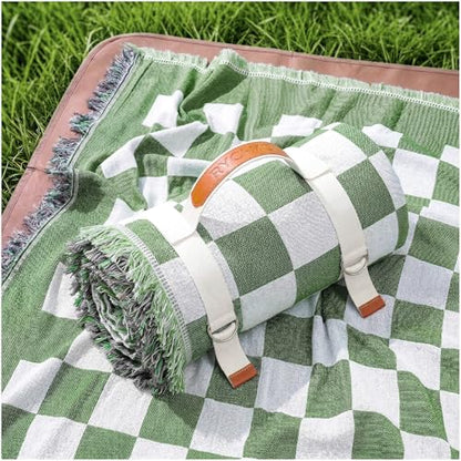 2 in 1 Extra Large Outdoor Rug Picnic Mat Woven Summer Throw Blanket Boho Giant Beach Travel Essential Yoga Accessories Park Patio Lawn Garden Grass Ground Play Music Festival Concert Must Have - color: Checkered Green