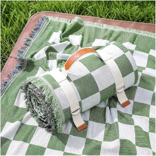 2 in 1 Extra Large Outdoor Rug Picnic Mat Woven Summer Throw Blanket Boho Giant Beach Travel Essential Yoga Accessories Park Patio Lawn Garden Grass Ground Play Music Festival Concert Must Have - color: Checkered Green