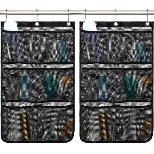 Fammart Mesh Shower Caddy Hanging, Quick-Drying Shower Organizer with 7 Pockets, Portable Bathroom Organizers and Storage for Shampoo, Soap, Loofah, Travel, and Cruise Essentials - color: Hanging Type, 2 Pack - Black