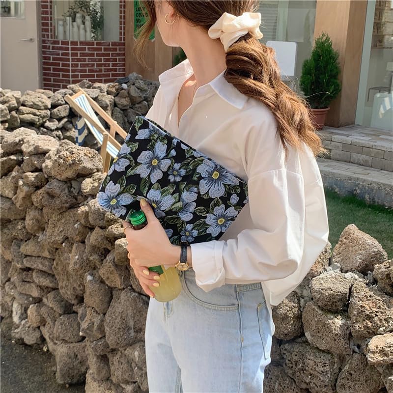 PAZIMIIK Makeup Bag Large Cotton Zipper Pouch for Purse Travel Canvas Make Up Organizer for Women Cosmetic,Brocade Flower Black - color: Brocade Flower Black