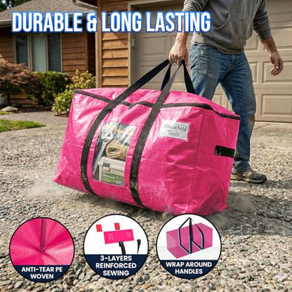 TAILI 2 Pack Pink Extra Large Moving Bags, Heavy Duty Totes with Visible Window, Wrap Around Handles, Space-Saving Storage, Alternative to Moving Boxes - color: Pink, size: 2 Large