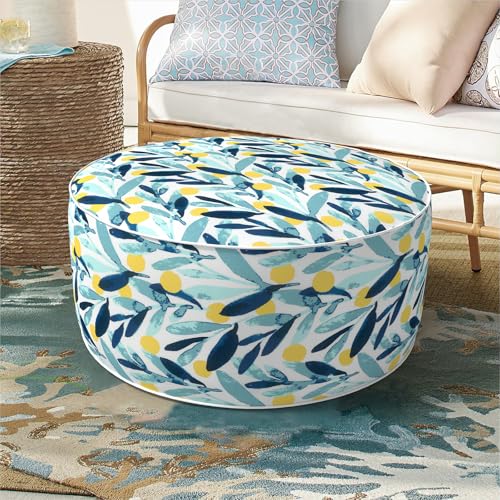 DYTXIII Inflatable Ottoman Stool D21 xH9 for Outdoor/Indoor Use, Water Repellent Patio Foot Rest Stool with Portable Handle,Round Pouf Ottoman Suitable for Garden,Deck and Camping - Leaves Multi - color: Leaves Multi, size: 21"D x 21"W x 9"H