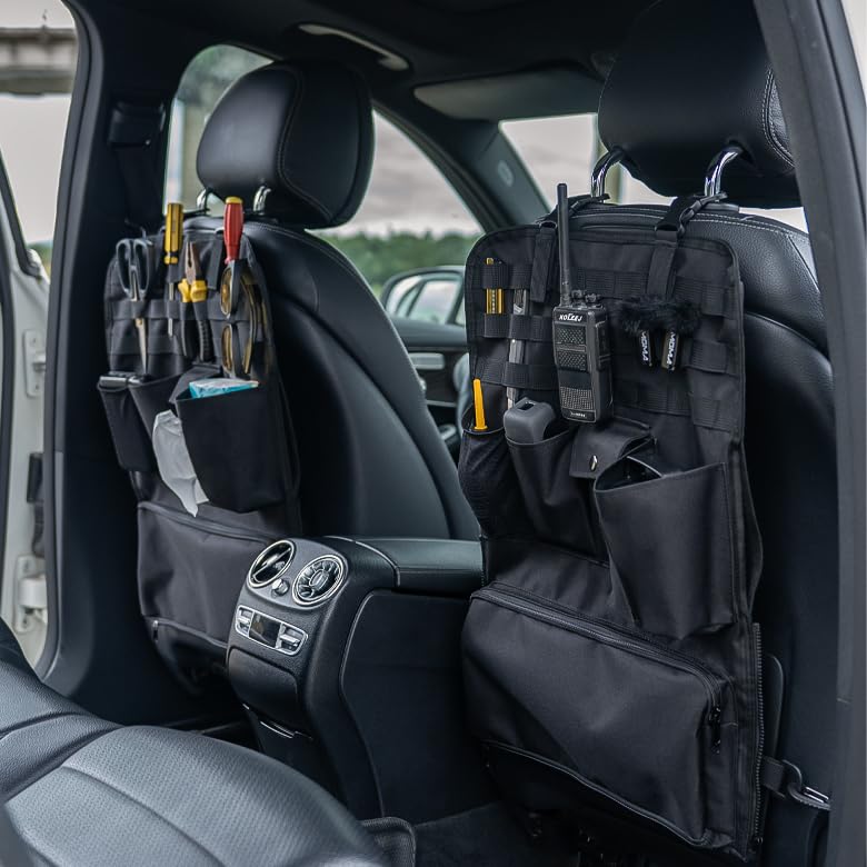 GMQ Car Seat Organizer,Multifunctional Tactical Car Seat Back Storage Pocket with Molle Pouch,Universal Fits for SUV,F150,Car Truck for Road Trips (1, Black)