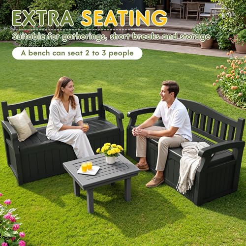 Greesum 80 Gallon Storage Bench Outdoor Deck Box with Armrest, Patio Furniture,Lockable, Waterproof and UV Resistant, Suitable for Garden, Pool, Black - color: Black, style: 80 Gallon