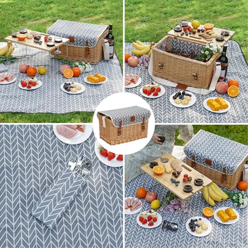 WILLOW WEAVE Luxury Picnic Basket, Wicker Picnic Basket Set for 4, Picnic Basket with Blanket & Portable Table for Camping and Outdoor Party - Gray - size: L for 4P-BlueLeaf