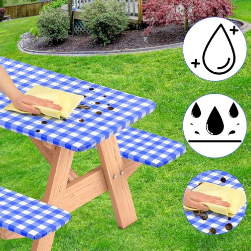 3 Pcs Set Fitted Picnic Table Cover with Bench Covers Vinyl Camping Picnic Table Cloth Flannel Backing for 6ft Tables Camping Outdoor (Blue Checked, 30 x 72 Inches) - color: Blue and White Plaid