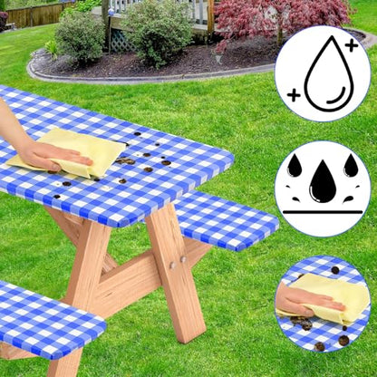 3 Pcs Set Fitted Picnic Table Cover with Bench Covers Vinyl Camping Picnic Table Cloth Flannel Backing for 6ft Tables Camping Outdoor (Blue Checked, 30 x 72 Inches) - color: Blue and White Plaid