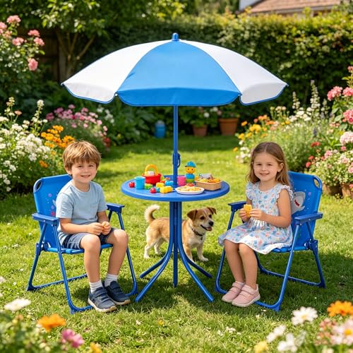 HONEY JOY Kids Picnic Table, Animal Themed Toddler Outdoor Table and Chair Set, 2 Folding Chairs & Removable Umbrella, Children Outdoor Furniture for Backyard Patio Garden (Blue Shark) - color: Blue Shark